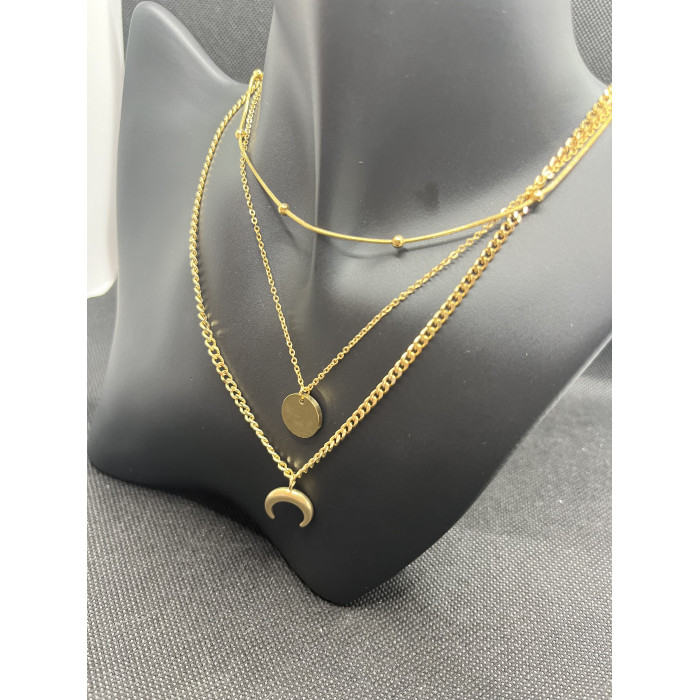 Collier 3 rangs Esther avec lune et rond en acier inoxydable doré