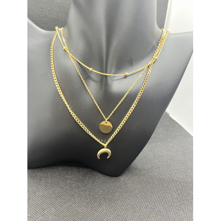 Collier 3 rangs Esther avec lune et rond en acier inoxydable doré