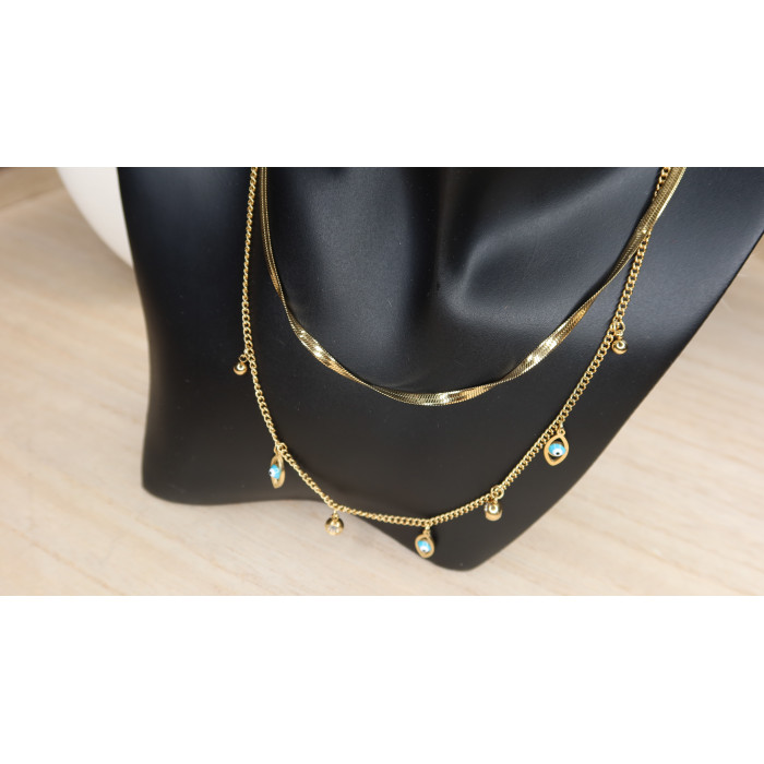 Collier Désiré double rangs avec des yeux et des zirconium en acier inoxydable doré