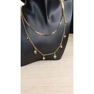 Collier Désiré double rangs avec des yeux et des zirconium en acier inoxydable doré