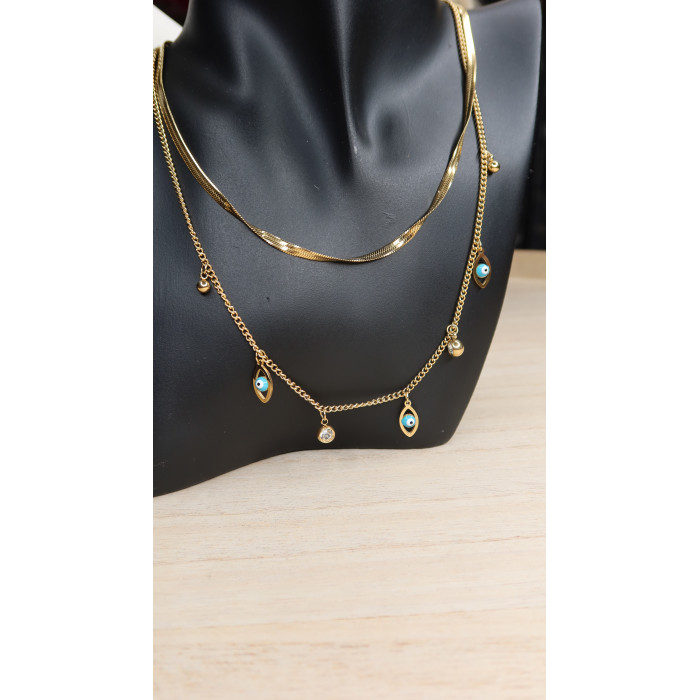 Collier Désiré double rangs avec des yeux et des zirconium en acier inoxydable doré