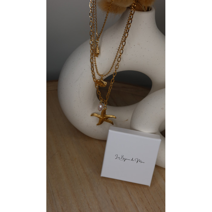 Collier plage 3 rang avec étoiles et coquillages en acier inoxydable soit silver soit doré