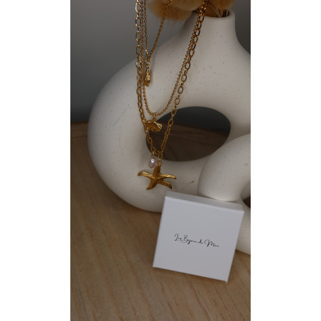 Collier plage 3 rang avec étoiles et coquillages en acier inoxydable soit silver soit doré