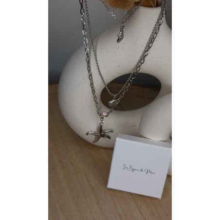 Collier plage 3 rang avec étoiles et coquillages en acier inoxydable soit silver soit doré