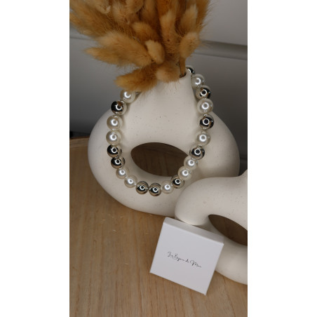 Collier Soirée avec perles de fantaisie blanche et argenté