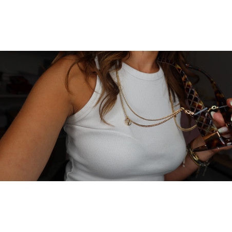 Chaine Lunette Cheina avec le symbole V double chaine en acier inoxydable doré